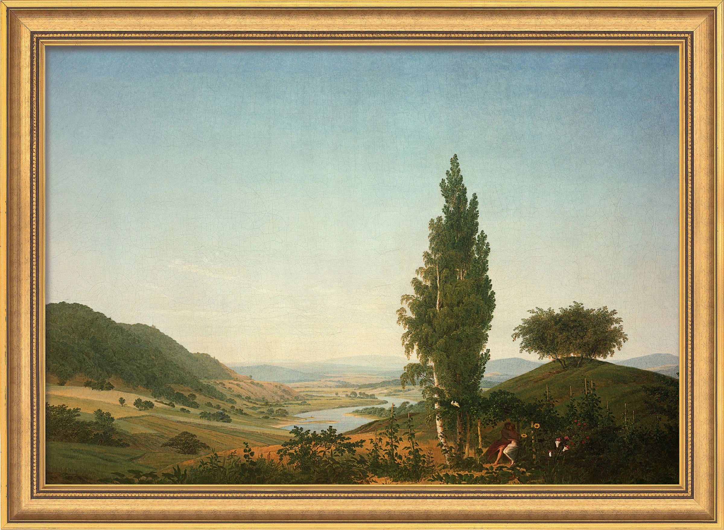 Gerahmtes Landschaftsgemälde eines Flusstals mit Bäumen, Hügeln und einem Liebespaar.