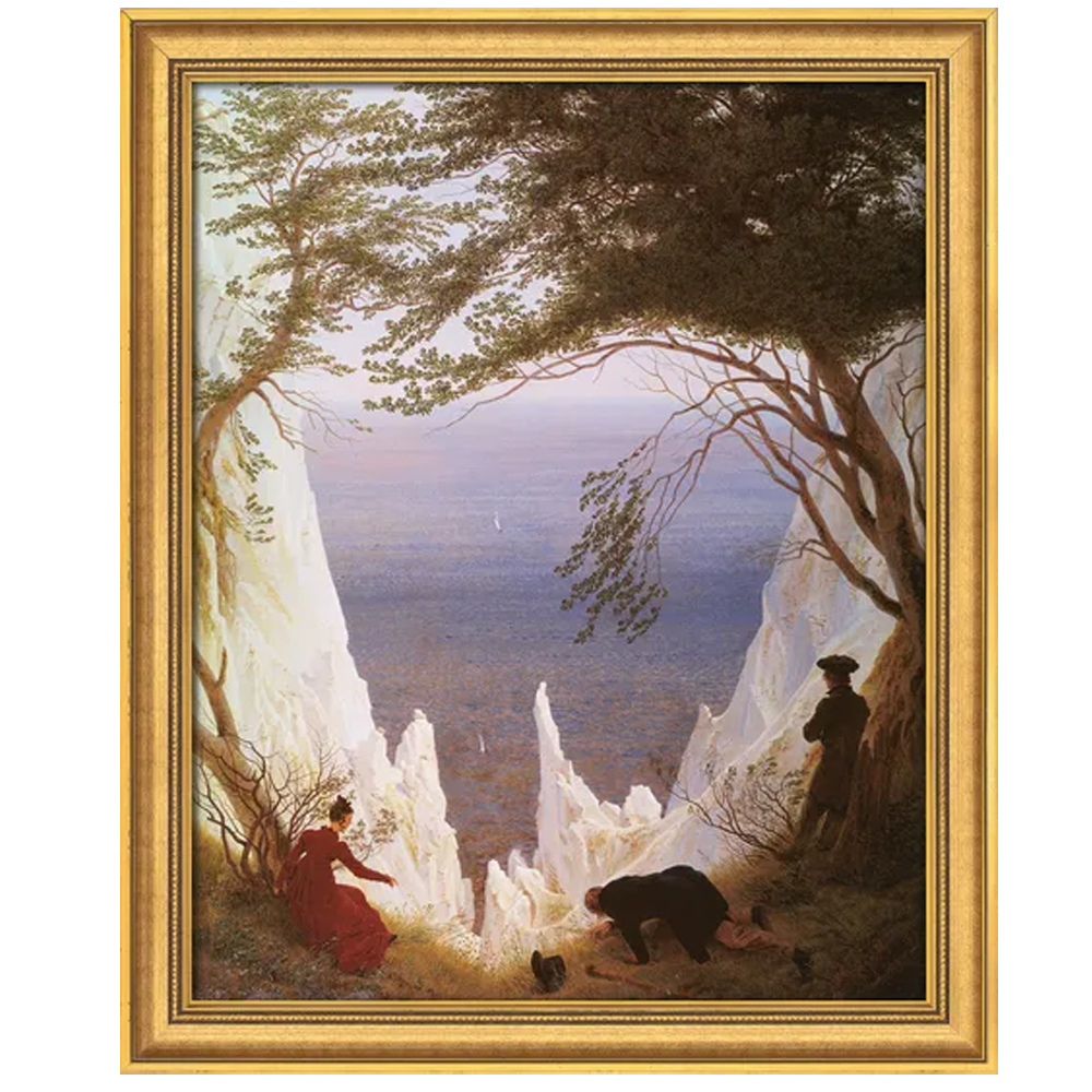 In Caspar David Friedrichs Gemälde „Kreidefelsen auf Rügen“ (1818) stehen und sitzen drei Figuren auf einer Klippe mit Blick auf weiße Kreidefelsen und das Meer, eingerahmt von Bäumen.