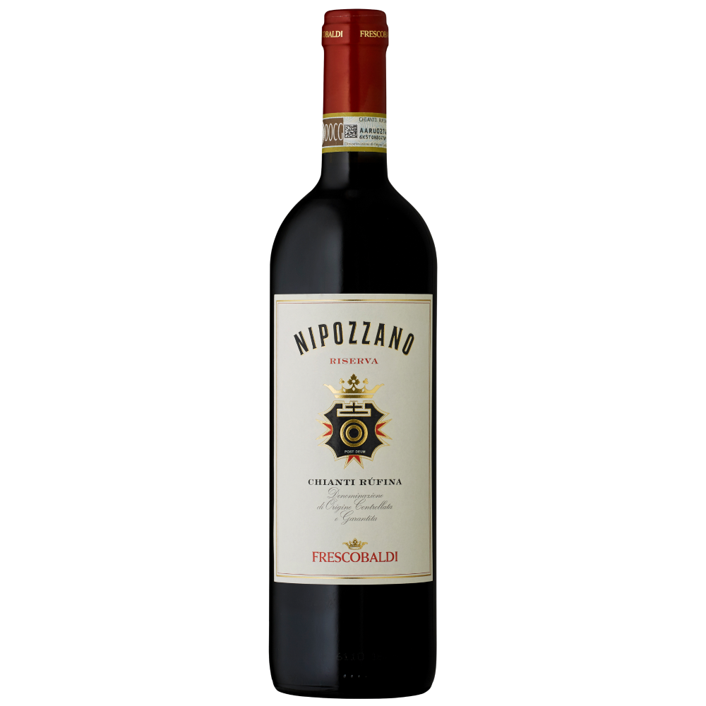 Eine Flasche des Rotweins Nipozzano Riserva Chianti Rufina von Frescobaldi vor einem weißen Hintergrund.