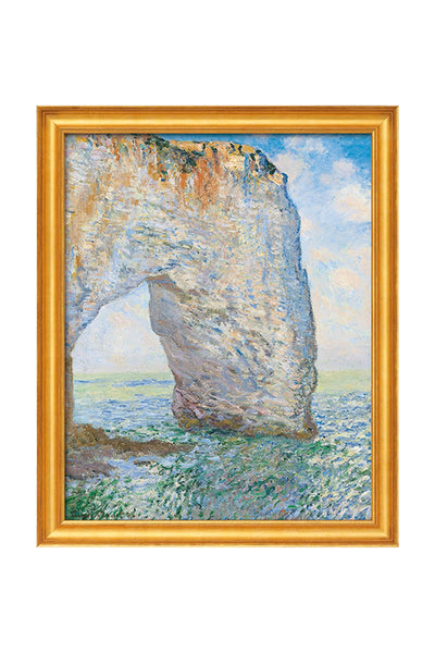Gerahmtes Gemälde eines großen Küstenfelsenbogens über dem Meer, mit blauem Himmel und verstreuten Wolken, im impressionistischen Stil.