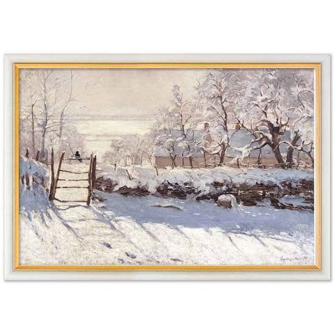 Eine verschneite Landschaft mit Bäumen, Zäunen und Häusern unter einem bewölkten Himmel, gemalt in sanften Wintertönen.