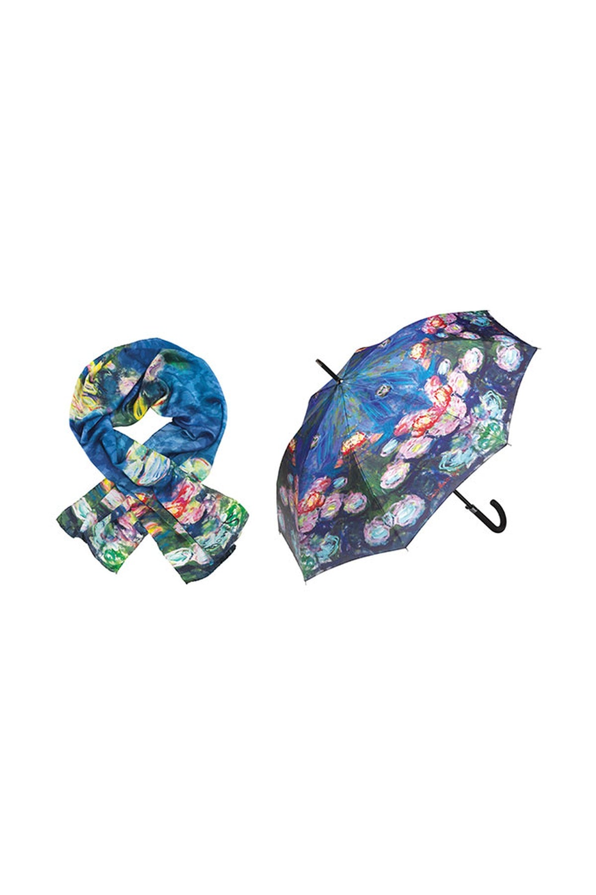 Ein Schal und ein Regenschirm, beide mit einem farbenfrohen Seerosenmotiv im Stil der Impressionisten, werden vor einem weißen Hintergrund gezeigt.