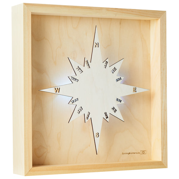 Kompassrose aus Holz in einem hellen Holzrahmen, mit Himmelsrichtungen und weißer Hintergrundbeleuchtung.