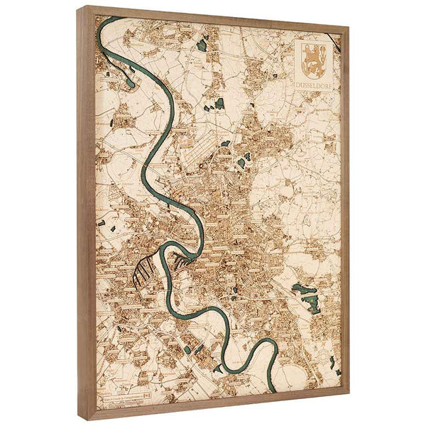 Gerahmter Stadtplan von Düsseldorf im Vintage-Stil, der den Stadtgrundriss und den sich schlängelnden Fluss zeigt, mit einem Stadtwappen in der oberen rechten Ecke.
