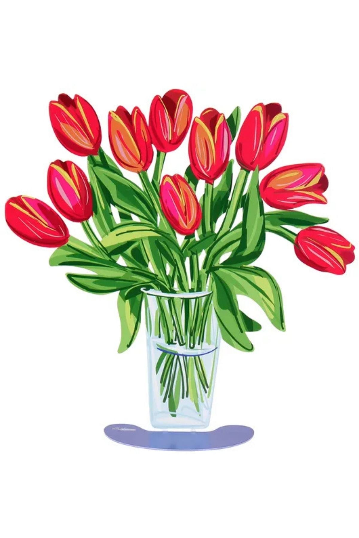 Abbildung einer Vase aus klarem Glas, gefüllt mit roten Tulpen und grünen Blättern, vor einem schlichten weißen Hintergrund.