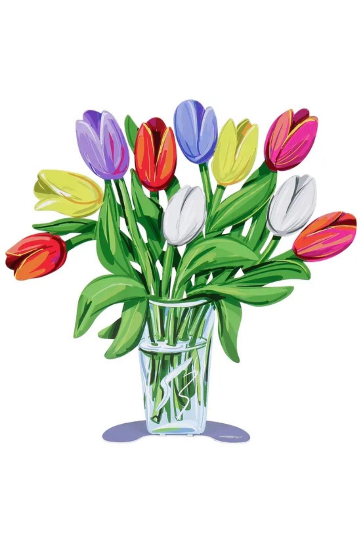 Abbildung einer Glasvase mit einem Strauß bunter Tulpen, darunter rote, gelbe, violette, weiße und rosa Blüten sowie grüne Blätter, vor weißem Hintergrund.