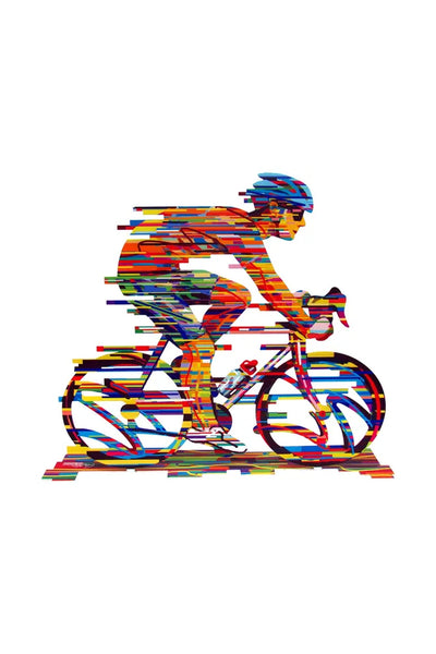 Bunte digitale Illustration einer Person, die ein Rennrad fährt, dargestellt mit horizontalen Streifen und geometrischen Formen auf einem weißen Hintergrund.