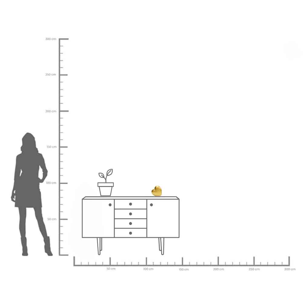 Silhouette einer Frau neben einer Anrichte mit einer Pflanze und einem kleinen Gegenstand; Maße in Höhe und Breite angegeben.