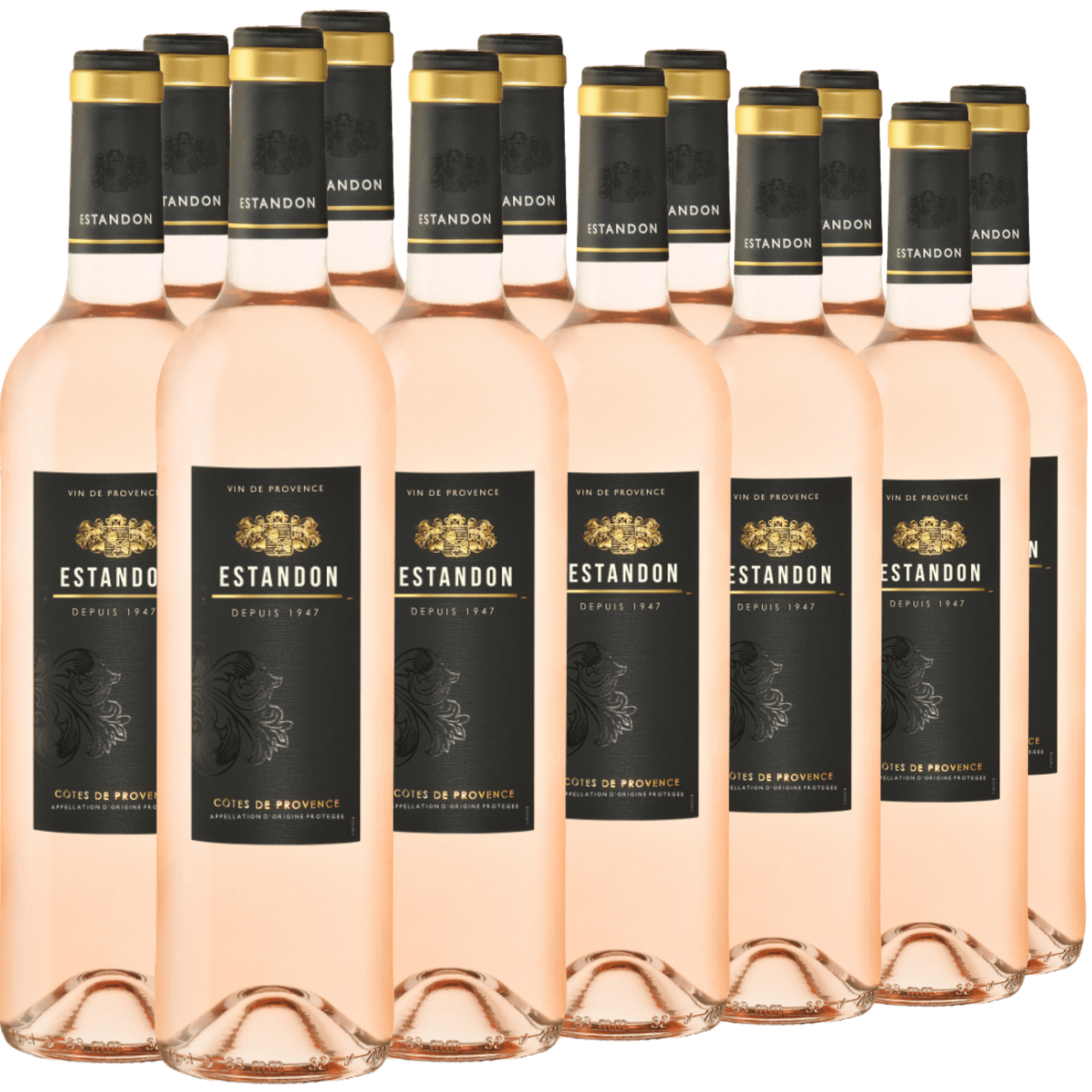 Zwölf Flaschen des Estandon-Roséweins sind in drei Reihen angeordnet, mit schwarzen Etiketten und Goldfolie auf den Hälsen, vor einem weißen Hintergrund.