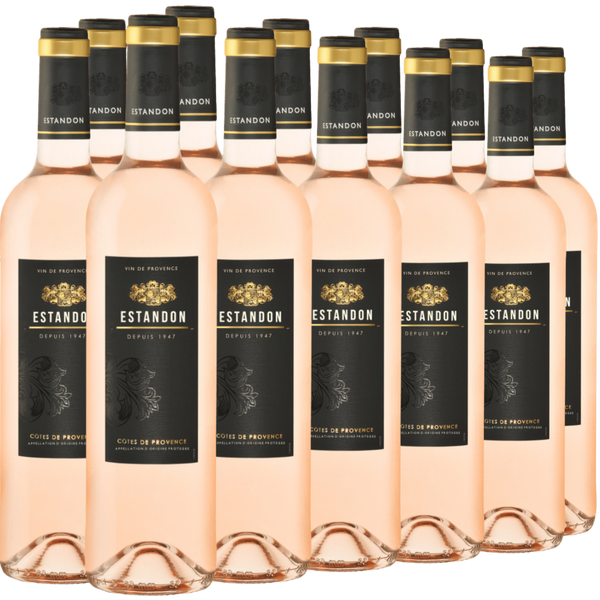 Zwölf Flaschen des Estandon-Roséweins sind in drei Reihen angeordnet, mit schwarzen Etiketten und Goldfolie auf den Hälsen, vor einem weißen Hintergrund.
