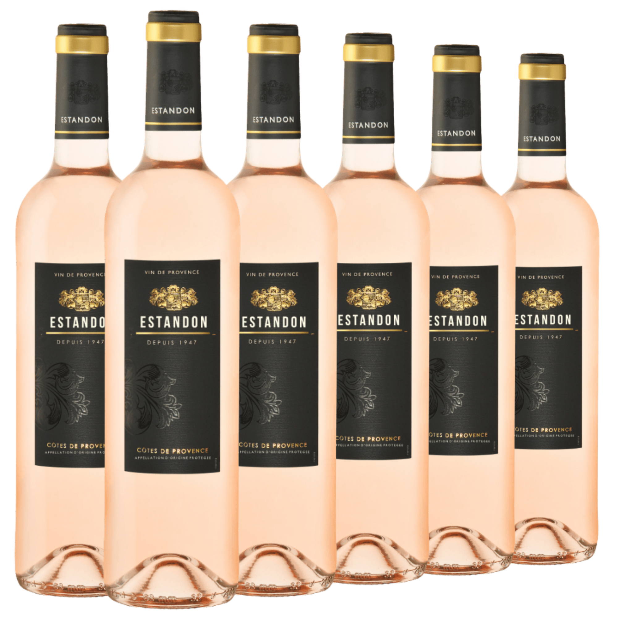 Sechs Flaschen des Roséweins Estandon Côtes de Provence sind aufrecht in zwei Reihen vor einem weißen Hintergrund angeordnet.
