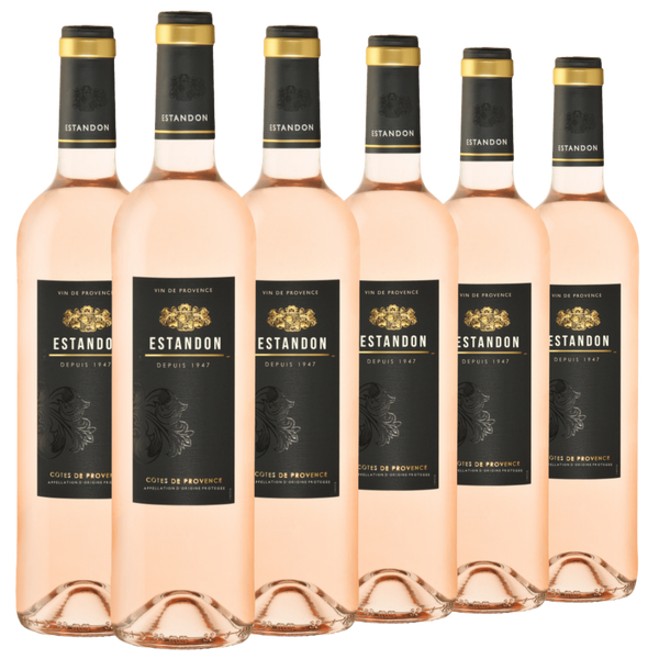 Sechs Flaschen des Roséweins Estandon Côtes de Provence sind aufrecht in zwei Reihen vor einem weißen Hintergrund angeordnet.