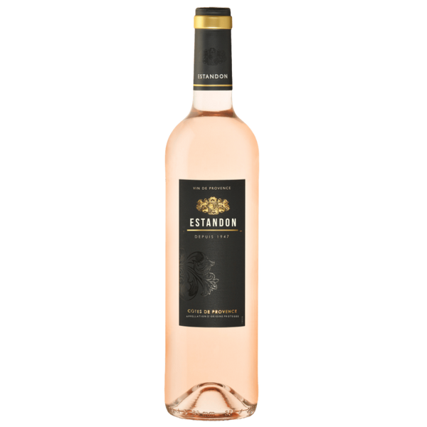 Eine Flasche Estandon Côtes de Provence Roséwein mit einem schwarz-goldenen Etikett auf weißem Grund.