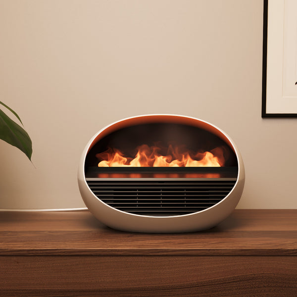 Ein moderner weißer Heizstrahler auf einer Holzfläche, hinter dessen Gitter Flammen sichtbar sind.