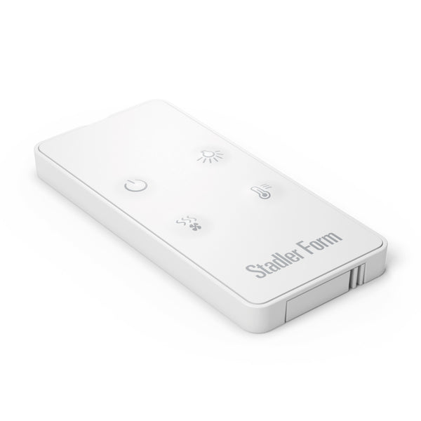 Weiße Stadler Form-Fernbedienung mit vier Tasten und Symbolen für die Funktionen Strom, Licht, Temperatur und Nebel.