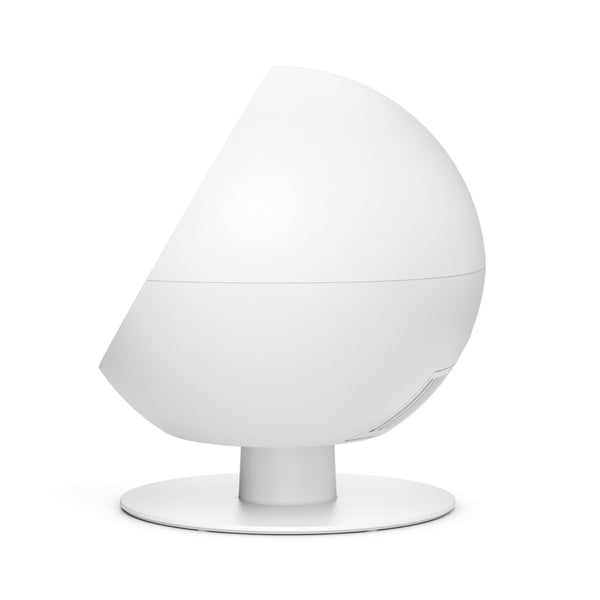 Modernes, weißes, kugelförmiges elektronisches Gerät mit flachem, kreisförmigem Boden, von der Seite gesehen.