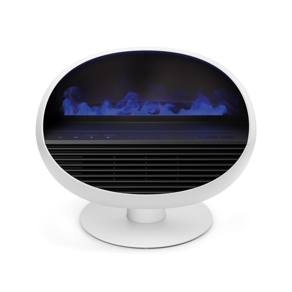 Ein moderner weißer Tischheizer mit blauem Flammeneffekt in kreisförmigem Design.