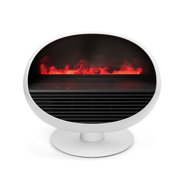 Runder weißer Elektroheizer mit einer simulierten Flammenanzeige auf der Vorderseite vor weißem Hintergrund.