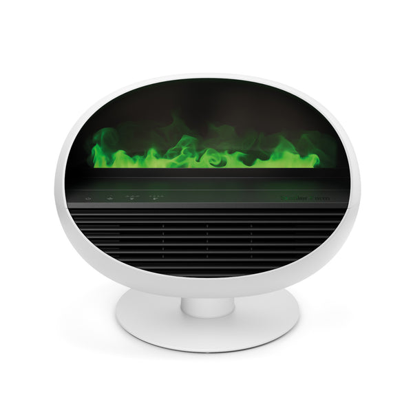 Ein moderner weißer Luftreiniger mit grünem Licht, das an Nebel oder Rauch im Inneren der Anzeige erinnert.