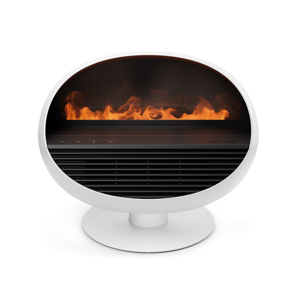 Ein moderner weißer Elektroofen mit einem Bildschirm, der einen realistischen Flammeneffekt zeigt.