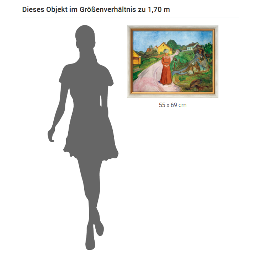 Eine gerahmte „Frau im roten Kleid (Straße in Asgardstrand)“ von Edvard Munch (55 x 69 cm, 1902/03) zum Größenvergleich neben einer 1,70 m großen Silhouette.