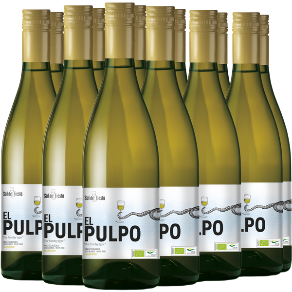 Zwölf Flaschen El Pulpo-Weißwein mit goldenen Verschlüssen, die in zwei Reihen angeordnet sind.