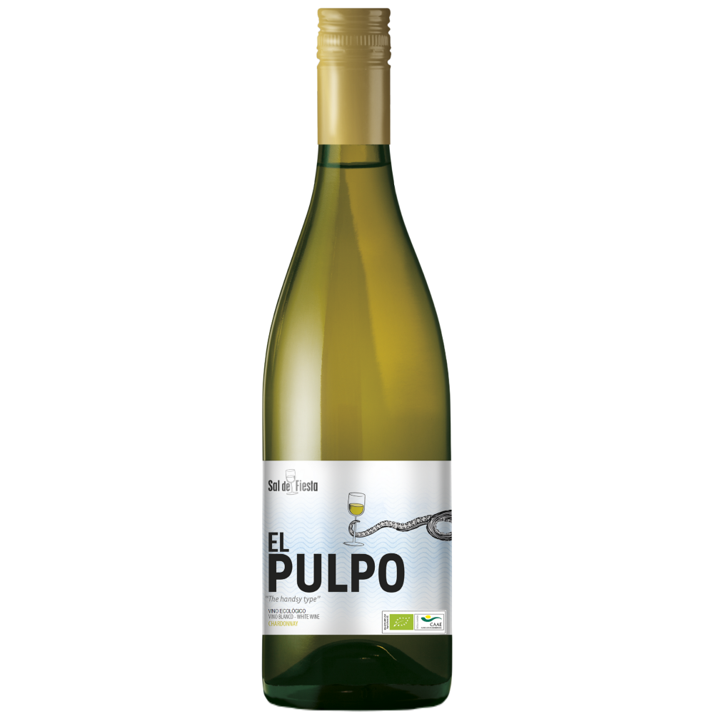 Eine Flasche Weißwein El Pulpo mit weißem Etikett, auf dem ein Kraken mit Tentakeln abgebildet ist.