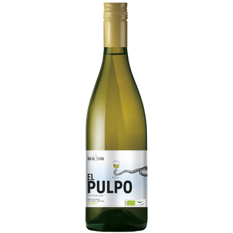 Eine Flasche Weißwein El Pulpo mit weißem Etikett, auf dem ein Kraken mit Tentakeln abgebildet ist.