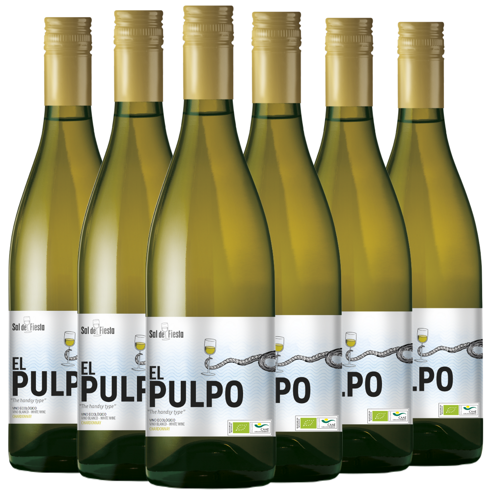 Sechs Flaschen El Pulpo-Weißwein mit goldenen Verschlüssen, die in zwei Reihen auf weißem Hintergrund angeordnet sind.