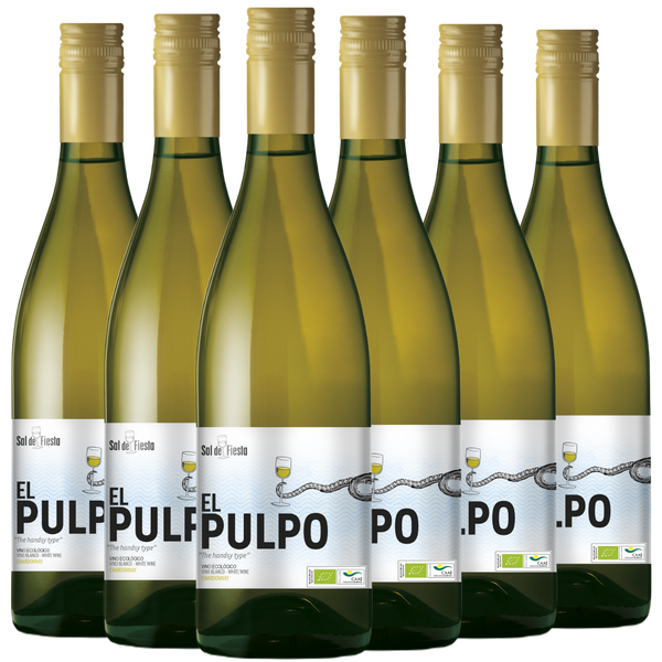 Sechs Flaschen El Pulpo-Weißwein mit goldenen Verschlüssen, die in zwei Reihen auf weißem Hintergrund angeordnet sind.