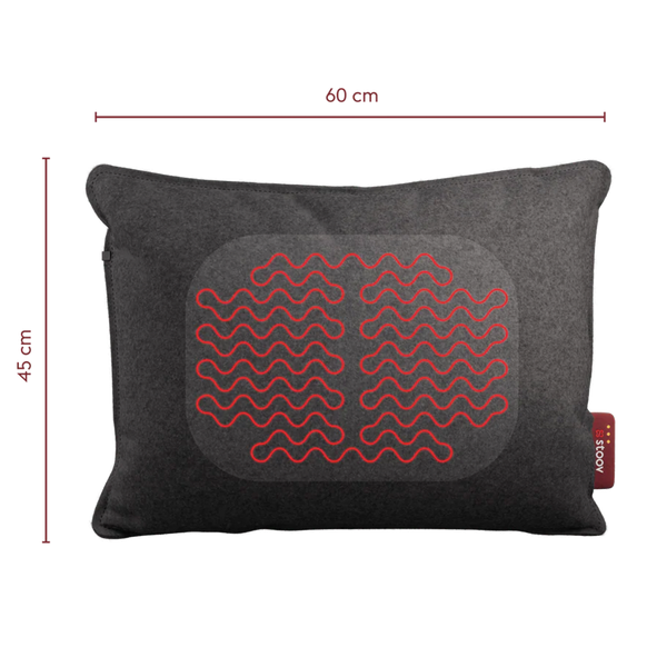 Rechteckiges, dunkles Kissen mit roten Heizspiralen und beschrifteten Maßen: 60 cm breit und 45 cm hoch.