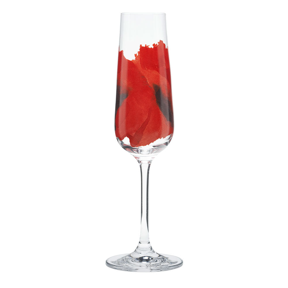 Set aus vier durchsichtigen Champagnerflöten aus Emil Noldes „Sommerblumen“-Kollektion, jedes mit einem einzigartigen abstrakten Blumenmuster in Rot und Schwarz auf der Oberseite.