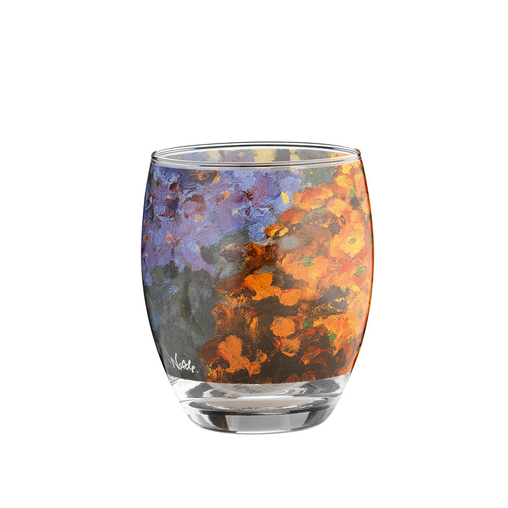 Die Emil Nolde: Drei Teelichtergläser „Blumen“ verfügen über ein Glas, das mit leuchtenden abstrakten Blumenmustern in Lila und Orange verziert ist.
