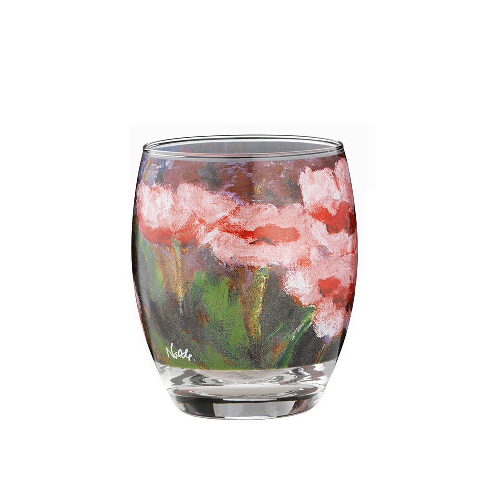 Emil Nolde: Drei Teelichtergläser „Blumen“ – Teelichthalter aus klarem Glas mit rosa und grüner Blumenmalerei, zarten Pinselstrichen und einer Signatur in der Nähe des Bodens.