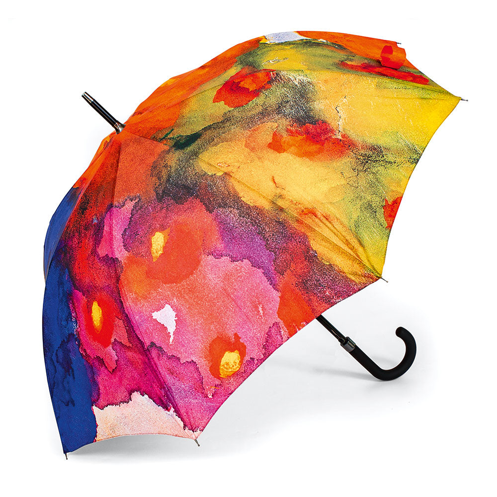 Der Emil Nolde: Stockschirm „Sommerblumen“ ist ein farbenfroher Regenschirm mit einem lebendigen Aquarell-Blumenmuster in Rot-, Gelb-, Orange-, Rosa- und Blautönen.