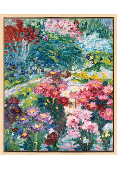 Dieses Gemälde aus dem Jahr 1907 entstand jedoch vermutlich im Garten seiner Nachbarin Anna Wied auf der dänischen Insel Alsen. Der Blick in den Garten entfaltet sich wie ein farbenprächtiges Feuerwerk, in dem Nolde die gesamte Vielfalt seiner Palette eindrucksvoll ausspielte.