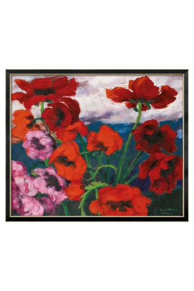 Gerahmtes Gemälde mit leuchtend roten und rosafarbenen Mohnblumen mit grünen Stängeln vor einem teilweise blauen und bewölkten Himmel.