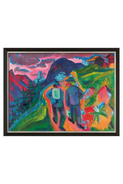 Zwei Figuren gehen einen bunten, gewundenen Weg in einer bergigen Landschaft mit Bäumen und Häusern unter einem lebendigen Himmel entlang.