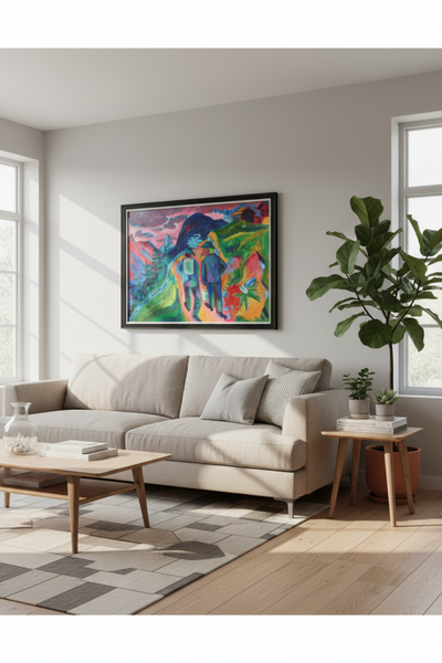 Ein modernes Wohnzimmer mit einem beigen Sofa, einem Couchtisch aus Holz, einer Topfpflanze und einem farbenfrohen abstrakten Gemälde an der Wand. Das Sonnenlicht strömt durch große Fenster.