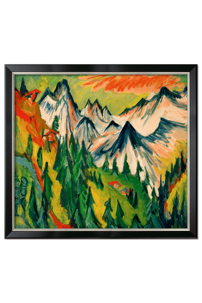 Buntes Gemälde einer Berglandschaft mit grünen Bäumen, schneebedeckten Gipfeln und einem leuchtend gelb-orangen Himmel, schwarz umrahmt.