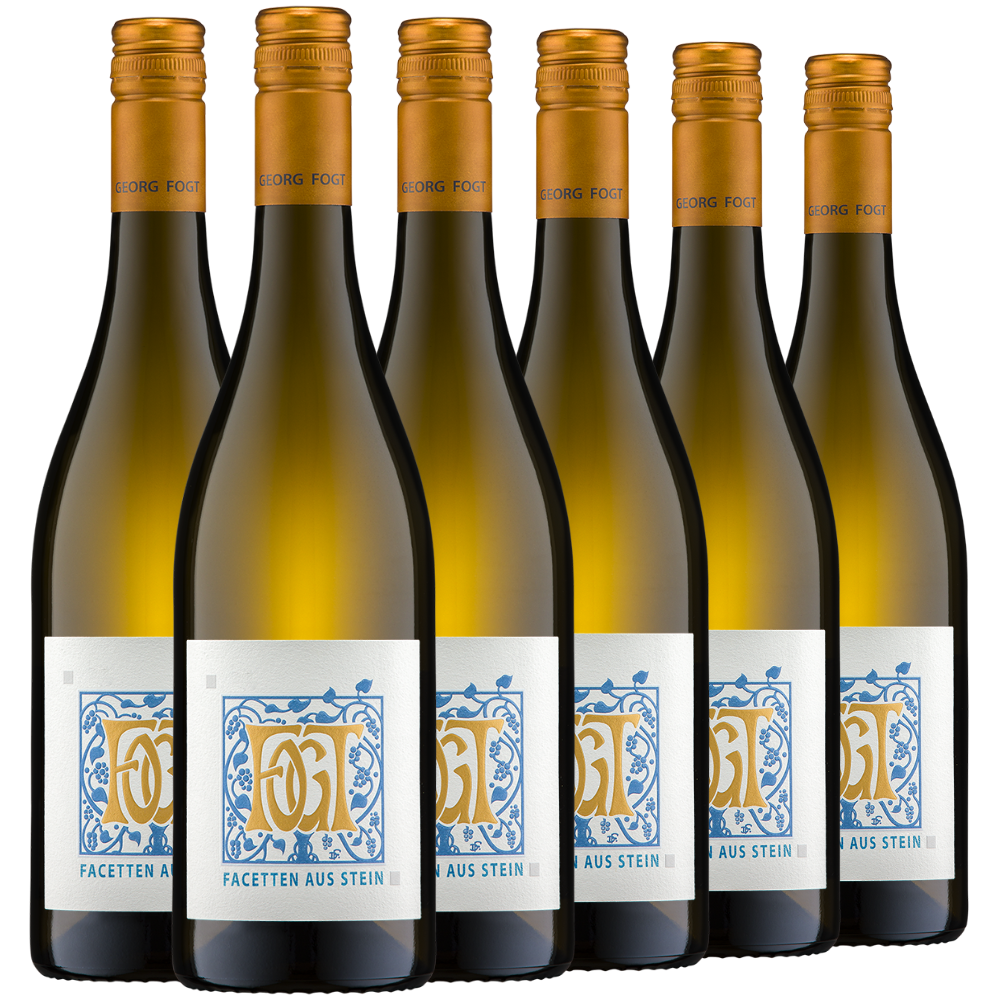 Sechs Flaschen Weißwein mit der Aufschrift Facetten aus Stein II und goldenen Verschlüssen, in zwei Reihen angeordnet.