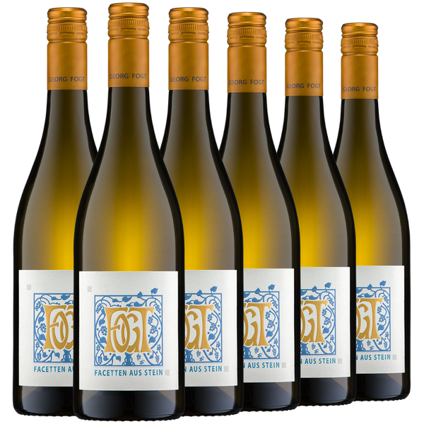 Sechs Flaschen Weißwein mit der Aufschrift Facetten aus Stein II und goldenen Verschlüssen, in zwei Reihen angeordnet.