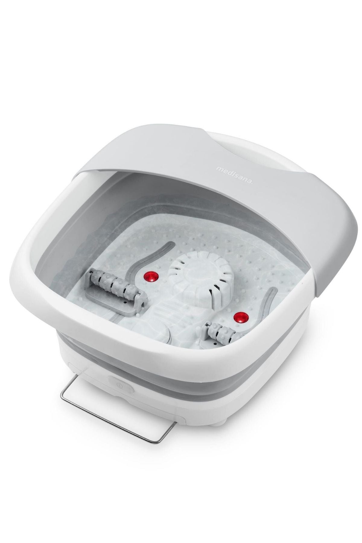 Ein weißes und graues elektrisches Fußsprudelbad mit Wasser, Massagerollen, Blasen und zwei roten Leuchtanzeigen im Inneren des Beckens.