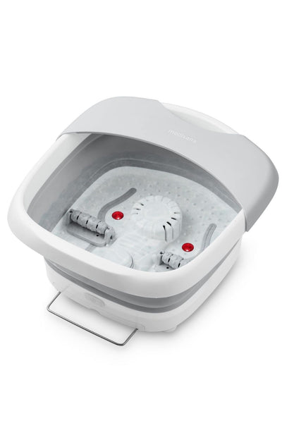 Ein weißes und graues elektrisches Fußsprudelbad mit Wasser, Massagerollen, Blasen und zwei roten Leuchtanzeigen im Inneren des Beckens.