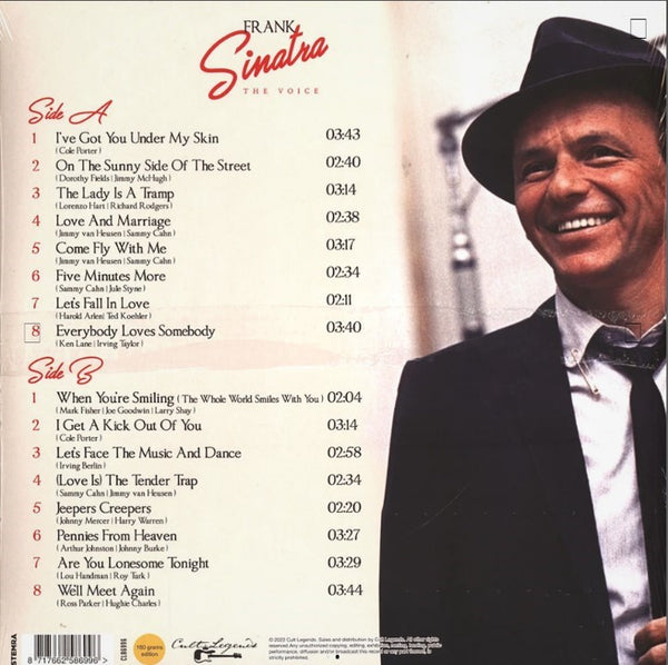 Frank Sinatra in Anzug und Hut lächelt neben einer Titelliste seiner Songs auf einem alten Albumcover.