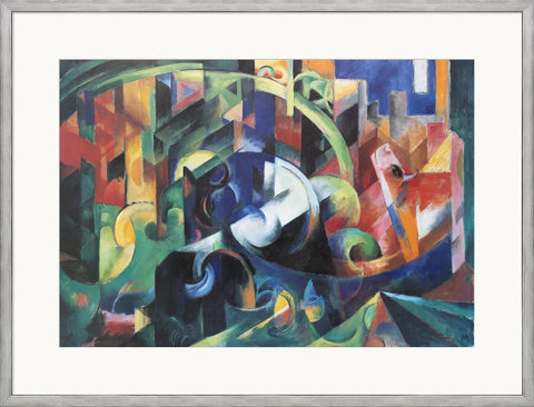 Abstraktes Gemälde mit kühnen geometrischen Formen und leuchtenden Farben, darunter Grün-, Blau- und Orangetöne.