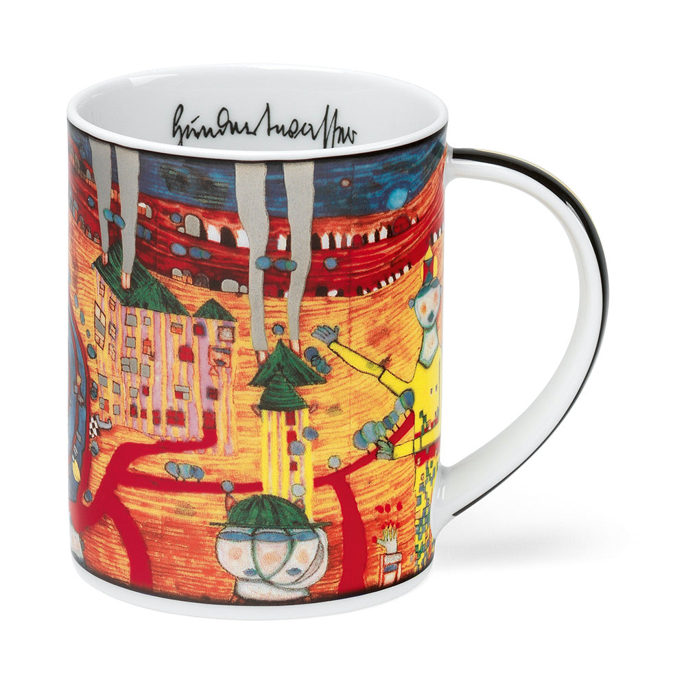 Ein lebendiges Set aus vier Porzellanbechern mit der abstrakten Kunst von Friedensreich Hundertwasser mit Gebäuden, Figuren und einer Signatur am Rand.