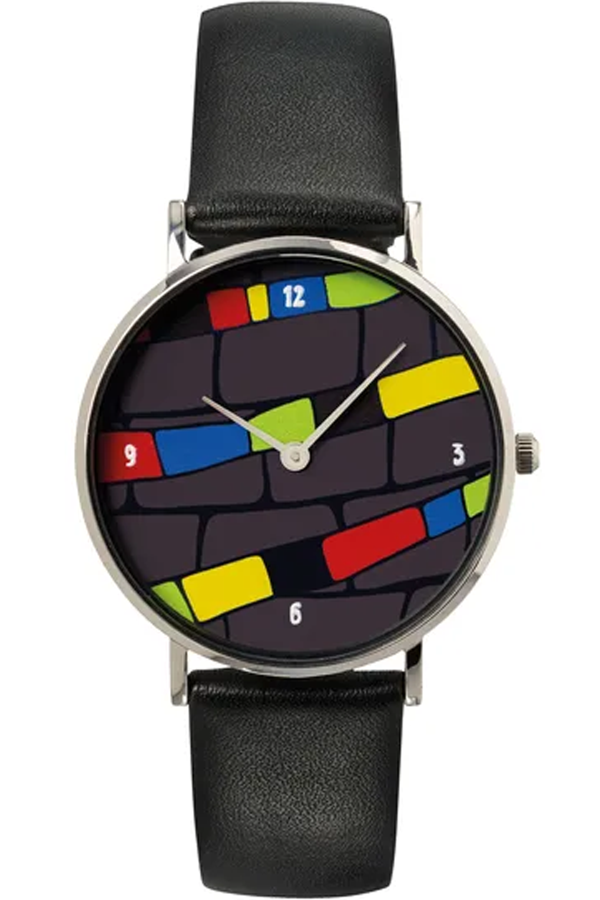 Eine Uhr mit schwarzem Lederarmband und hundertwassertypischem Ziffernblatt, bestehend aus bunten gelb, grün, rot und blauen Streifen und schwarz grauen Streifen. 