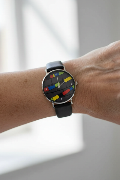 Die Uhr getragen am Handgelenk.