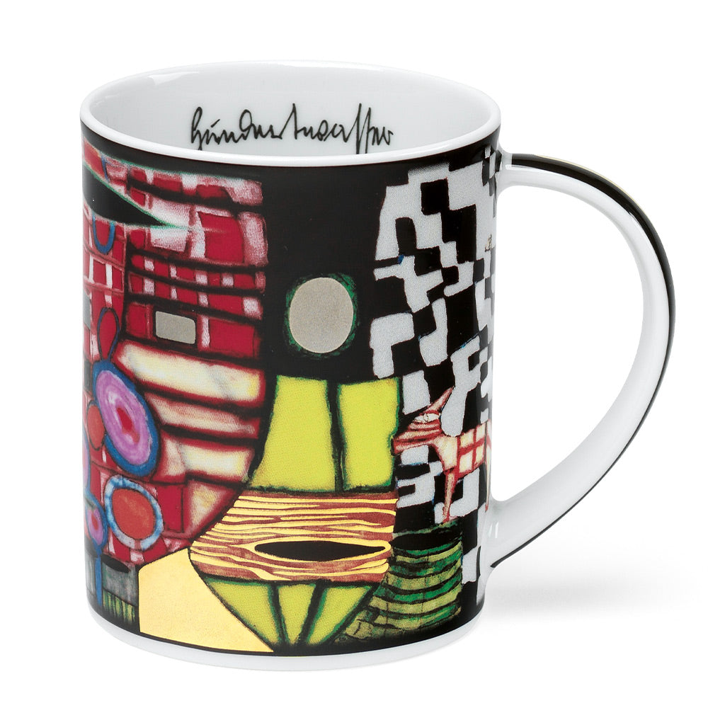 Set aus vier Friedensreich Hundertwasser Magic Mugs aus Porzellan mit farbenfrohen abstrakten geometrischen Designs, schwarzen Henkeln und goldenen Akzenten.